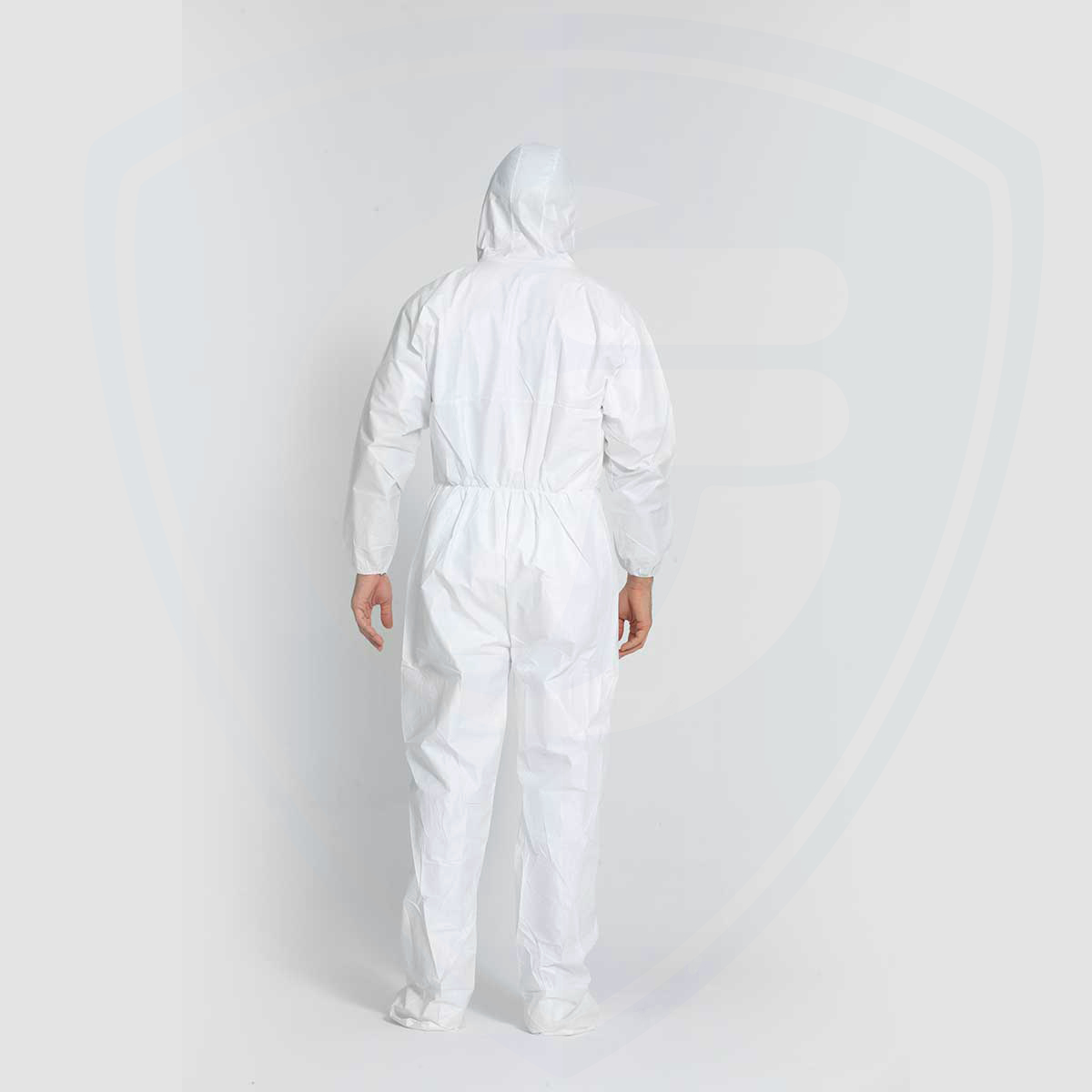 Weißer wasserdichter Einweg-Overall aus mikroporöser Folie mit Kapuze und Stiefeln